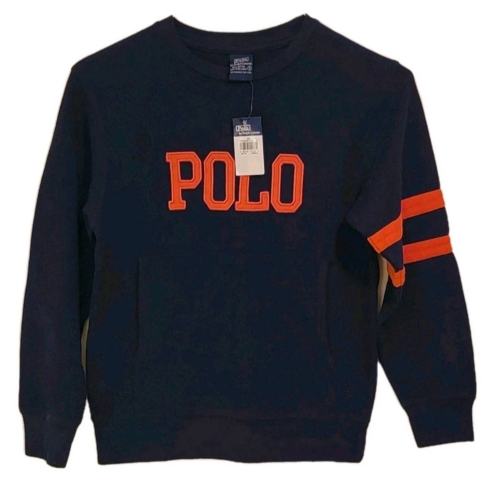Retro Kids Boys Blue Polo Ralph Lauren Long Sleeve Pocket Crewneck Sweater SMALL